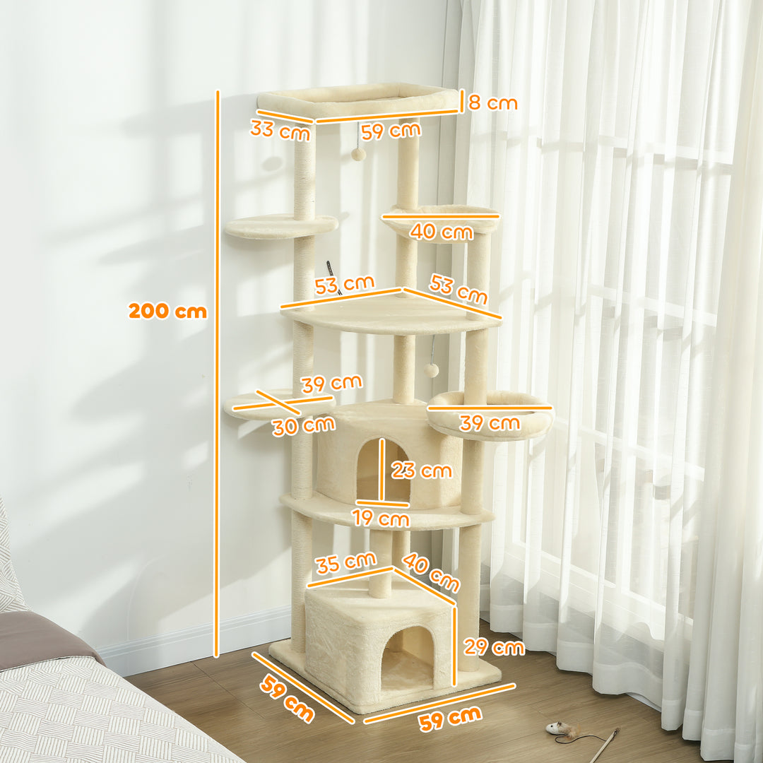 2 meter højt kradsetræ, stort til 2-3 katte, kradsetræer, huler, hængekøje, skjulesteder, design i flere niveauer, sisal, træ, plys, beige