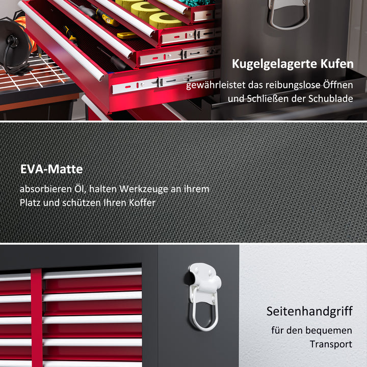 Værktøjsvogn, todelt, aflåselig, 14 skuffer, perforeret panel, stål, rød