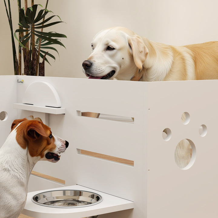 Hundeskålstativ, justerbare foderskåle med separat design, 2 rustfrit stålskåle, anti-gulping måtte, hvid