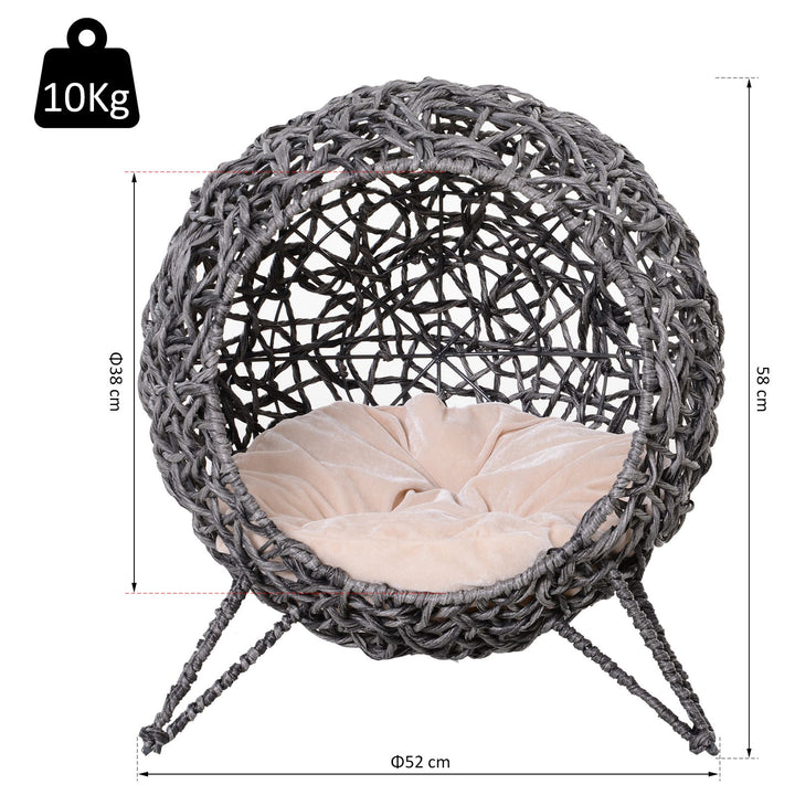 Rattan kattehus med hynde, katteseng, kattehule med hævede fødder, sølvgrå, Ø52 x 58 cm