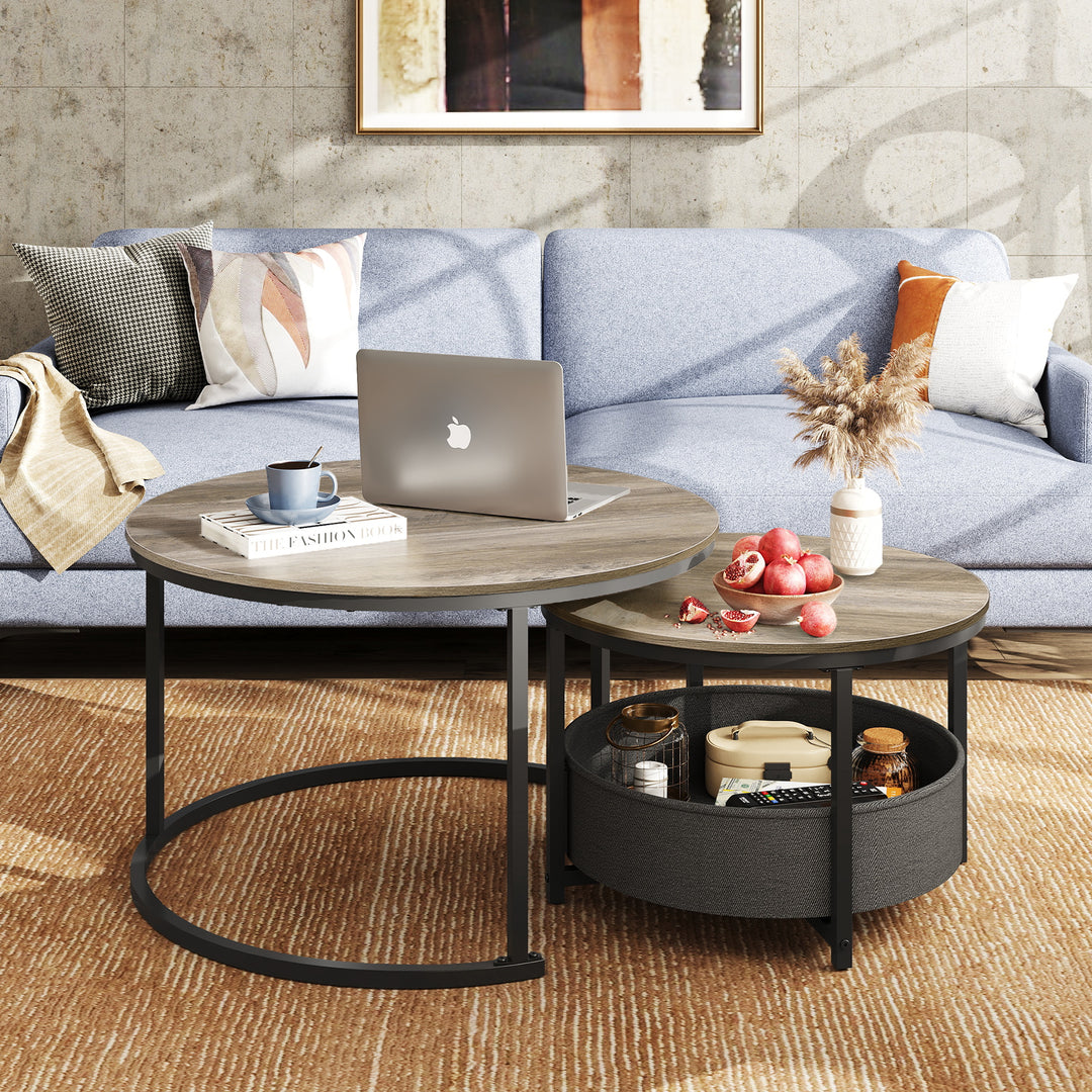 WLIVE rund dækkeservietsæt i to dele med moderne design og stofkurv, borddiameter 80 cm, velegnet til soveværelser og hjemmekontorer, grå eg