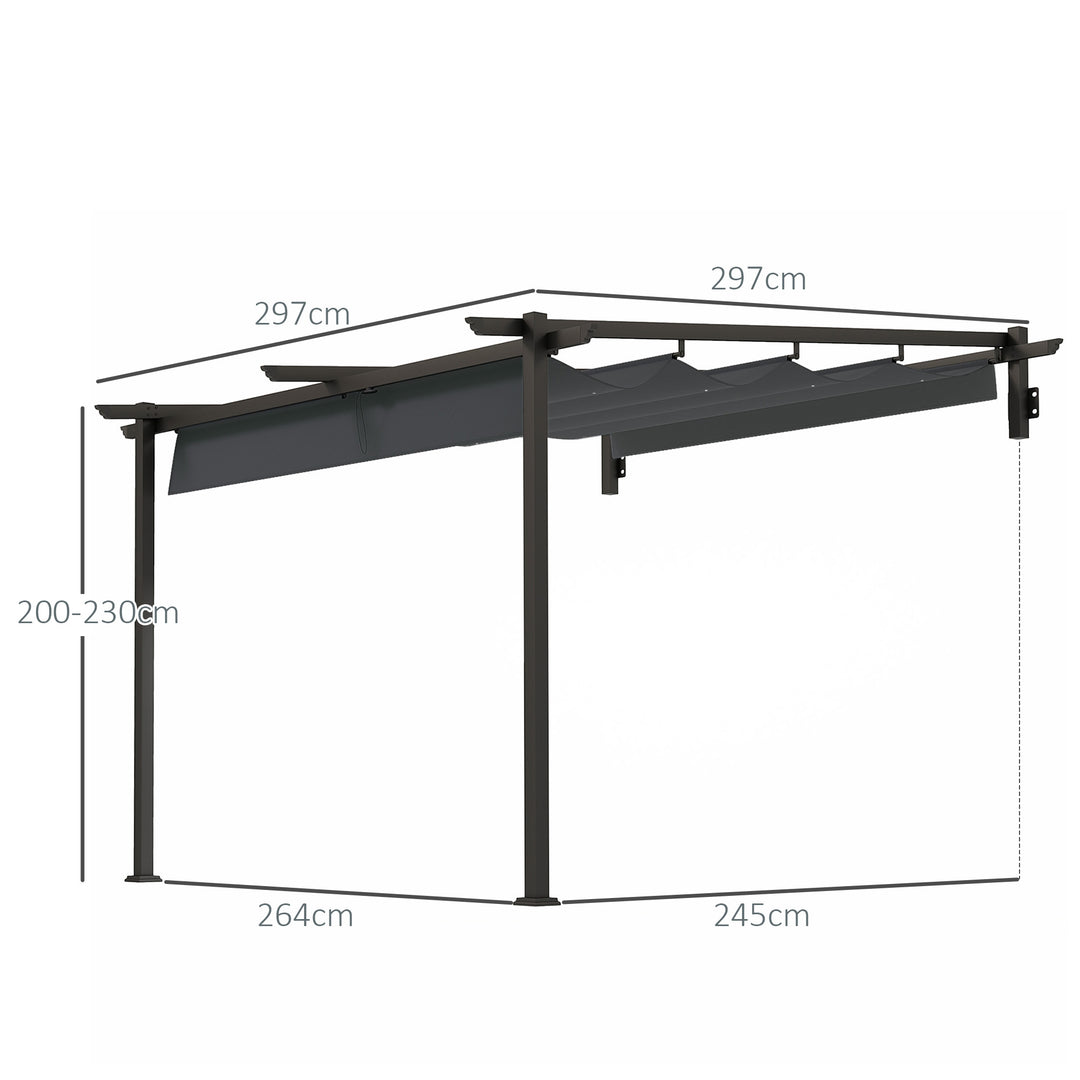 Pavillon, 3 x 3 m pergola, vindtæt terrassetag, vægmonteret, justerbart tag, til have, terrasse, mørkegrå