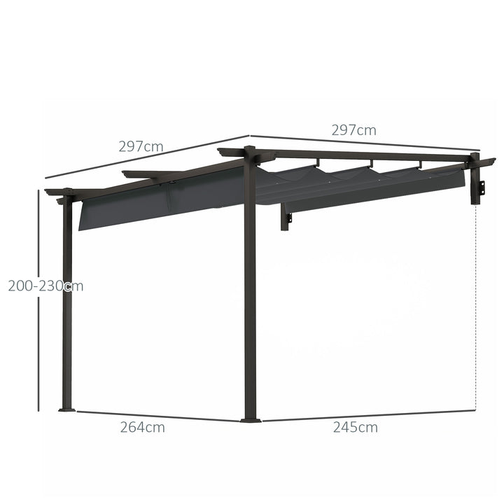 Pavillon, 3 x 3 m pergola, vindtæt terrassetag, vægmonteret, justerbart tag, til have, terrasse, mørkegrå