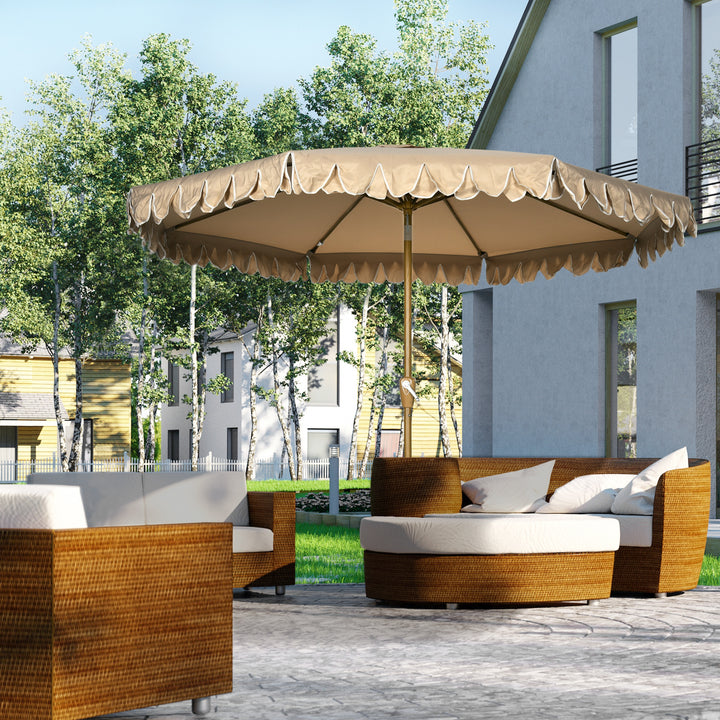 Parasol, med frynser, vipbar, med håndsving, stål+polyester, khaki, Ø264 x 240 cm