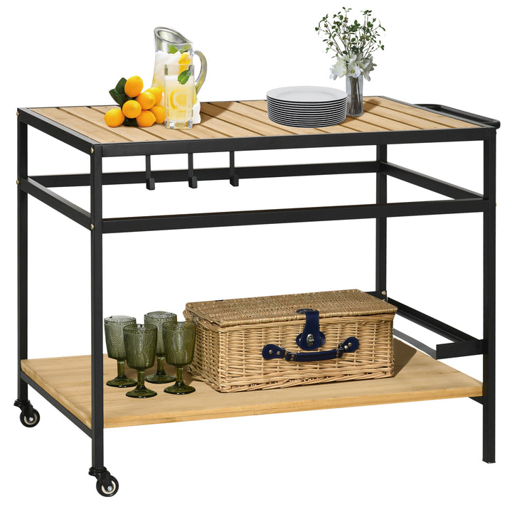 Serveringsvogn i industriel stil, vejrbestandig, 3 kroge, 1 hylde, 107 cm x 65 cm x 80 cm, sort + natur