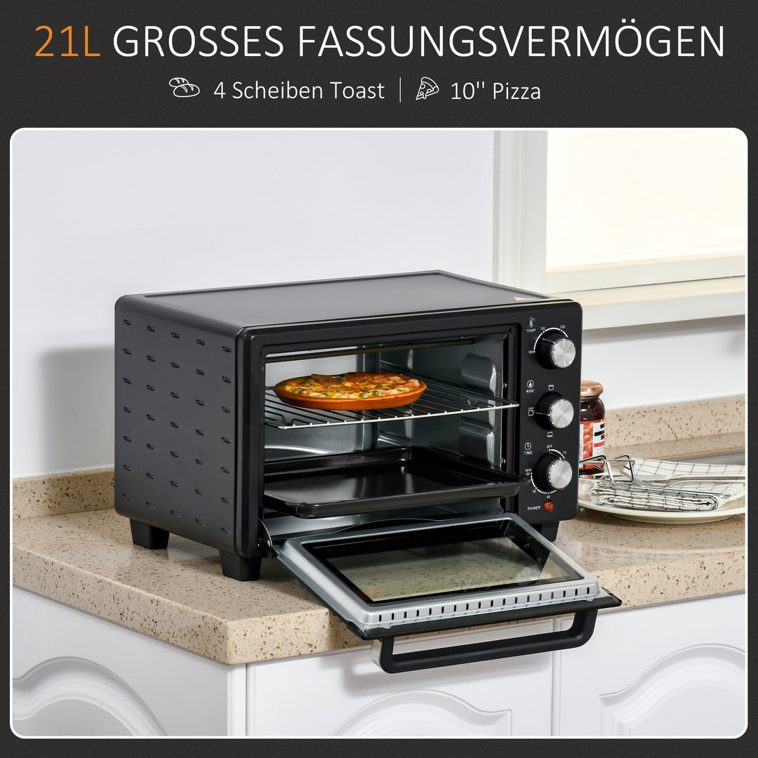 Miniovn, 21 l brødristerovn med 1 rist og 1 bageplade, 3 tilberedningstilstande, 100°c-230°c, rustfrit stål, glas, sort