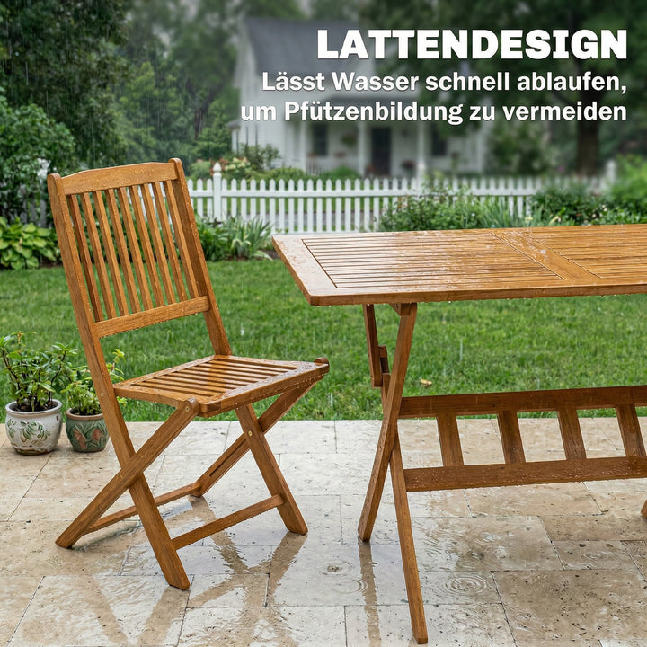 FSC-certificeret havemøbelsæt i træ, 5 dele, klapbord med 4 klapstole, lameldesign til haven, naturtræ