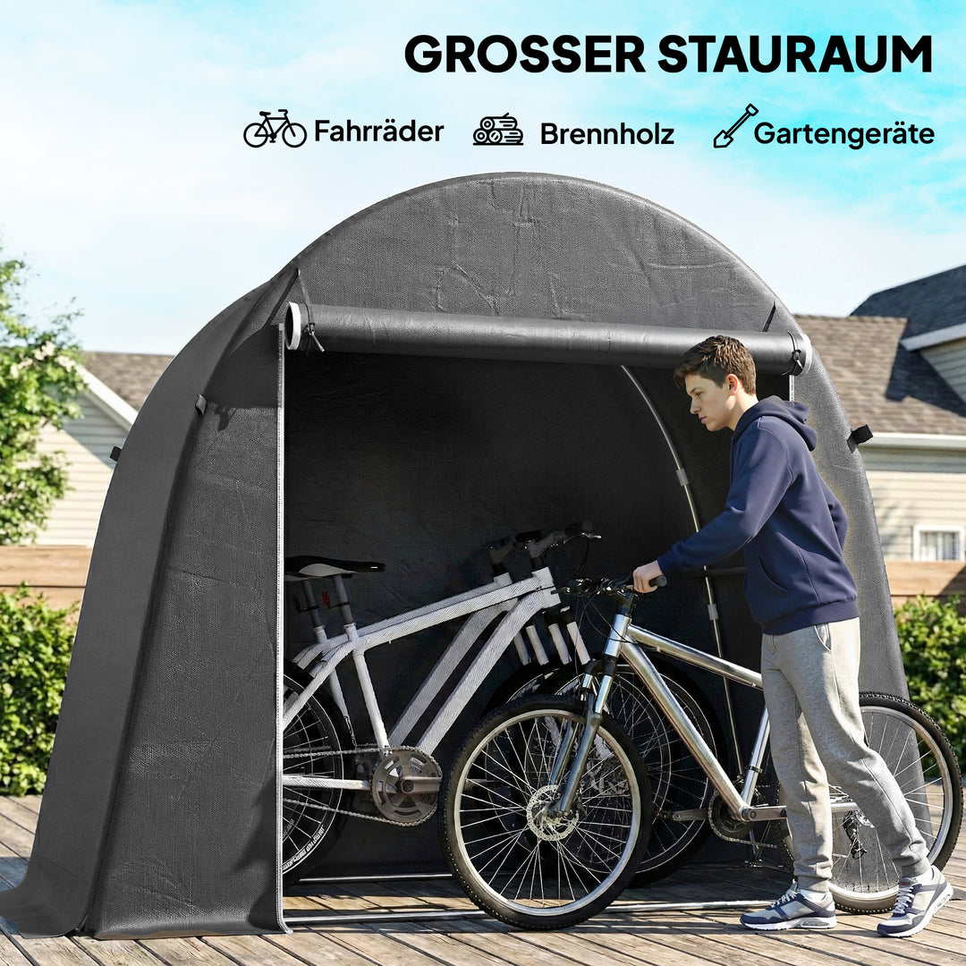 Transportabelt haveskur, cykeltelt, rulledør med lynlås, metalramme, alsidig opbevaring, plastikdæksel, mørkegrå