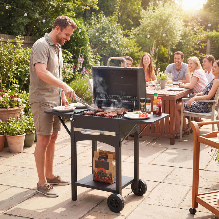 Kulgrill med låg, BBQ-røgergrill med 2 sideborde, stor grilloverflade, grillrist, termometer, hjul