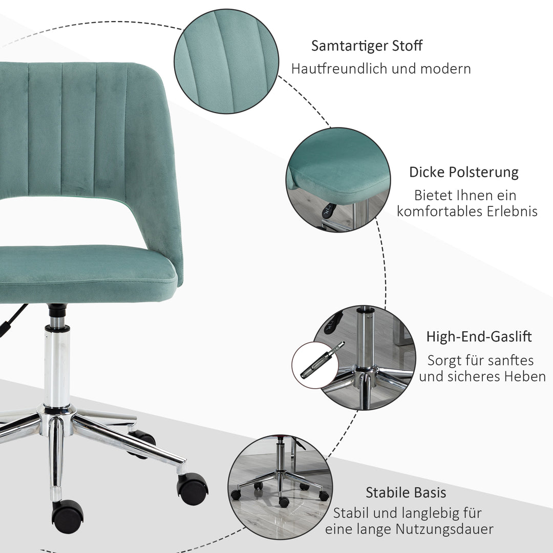 Højdejusterbar kontorstol med hjul, 360° drejelig, kammuslingeformet, skum, 49 x 60 x 79-91 cm, grøn