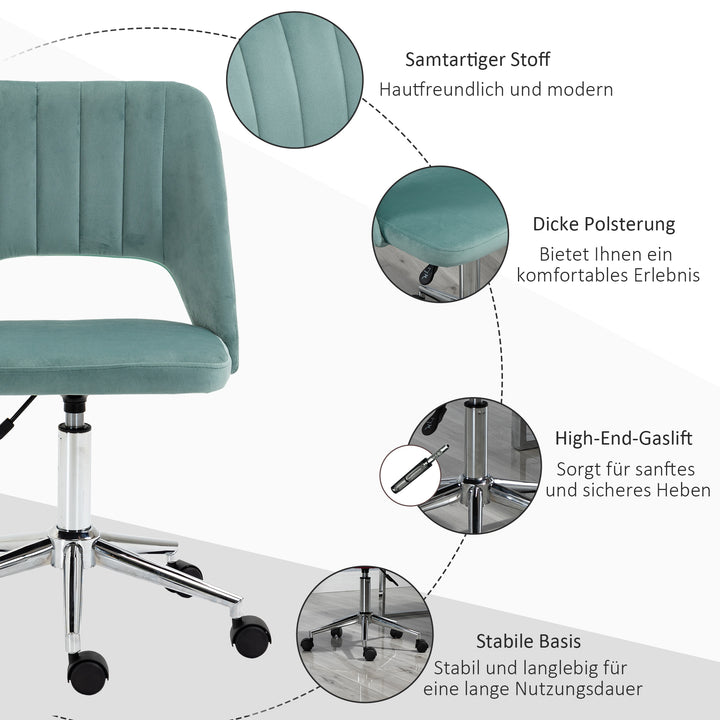 Højdejusterbar kontorstol med hjul, 360° drejelig, kammuslingeformet, skum, 49 x 60 x 79-91 cm, grøn