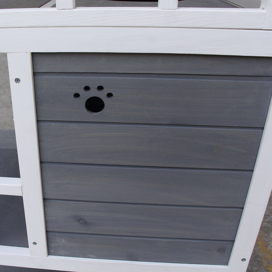 Kattehus, grantræ, udendørs kattehus med terrasse, kattehule, 4 etager, kattevilla med trapper, asfalttag, vintersikkert, smådyrshus, grå, 75,5 x 75 x 137 cm