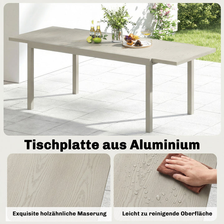 Udtrækkeligt havebord 154/214 x 85 cm, aluminiums spisebord til 8-10 personer med trælook, lysegrå