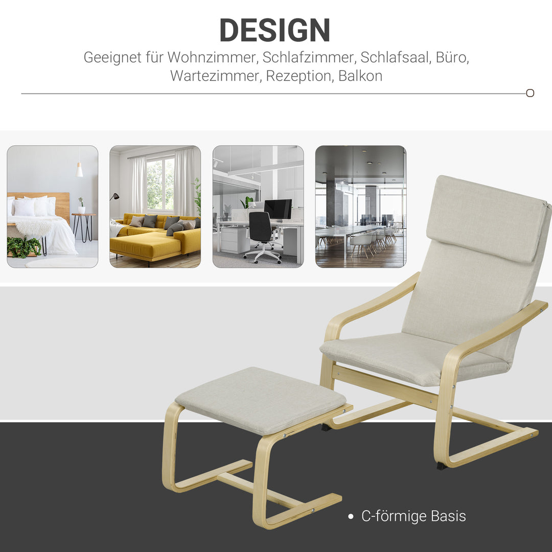 Loungestol med fodskammel, betræk i hørlook, træstel, op til 120 kg, cremehvid/natur