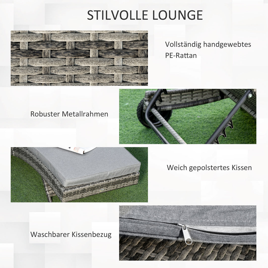 Polyrattan liggestol, havestol med hynde, justerbar i 5 positioner, rattan liggestol, havemøbler, S-formet liggestol, metal, grå, 207 x 70 x 70 cm