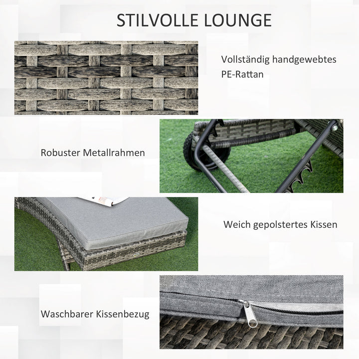 Polyrattan liggestol, havestol med hynde, justerbar i 5 positioner, rattan liggestol, havemøbler, S-formet liggestol, metal, grå, 207 x 70 x 70 cm