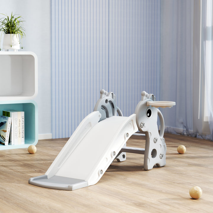 3-I-1 børnerutsjebane, girafformet, basketballkurv, bold, grå