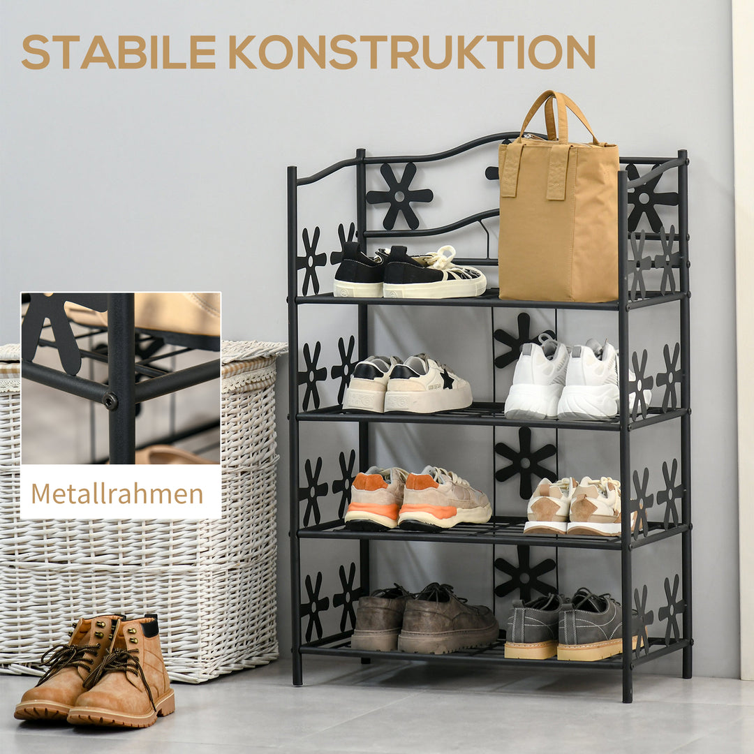 Lille skohylde, pladsbesparende blomsterhylde, plantestativ, fritstående hylde, 4 etager, metal, sort, 59,5 x 30 x 92 cm