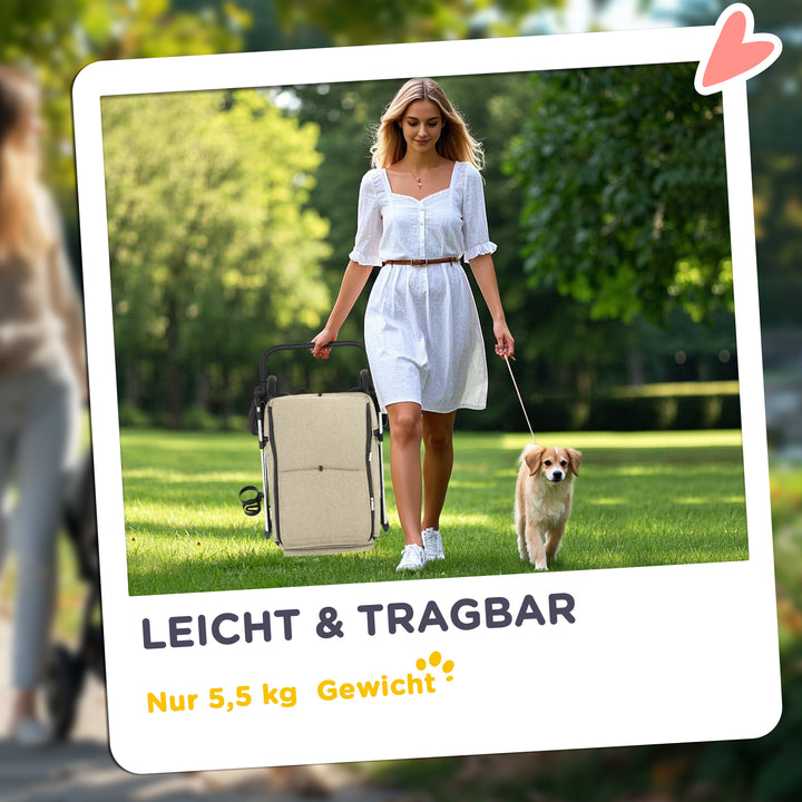 Hundeklapvogn, let og sammenklappelig transportvogn til små hunde, vaskbar hynde, netvindue, khaki