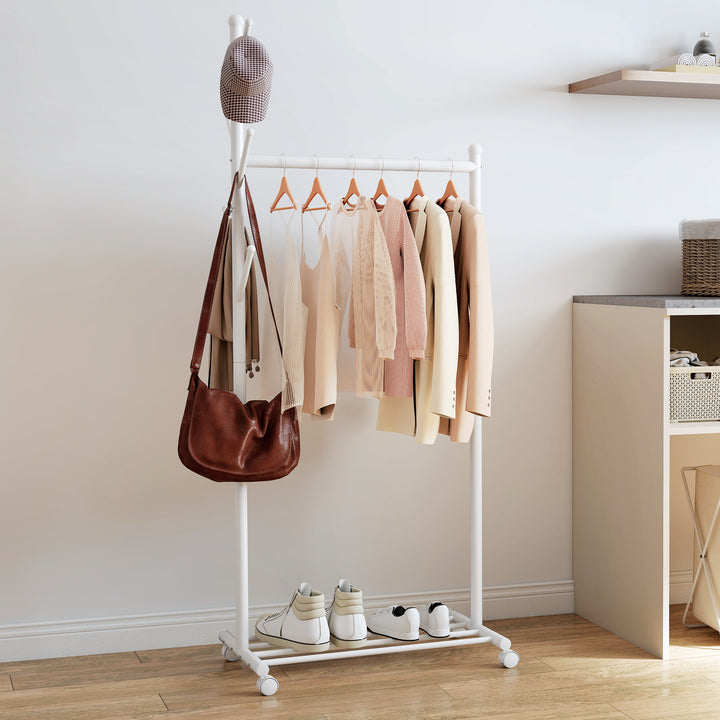 Tøjstativ med hjul, mobil garderobestativ med tøjstang, 5 kroge, skostativ, hvid