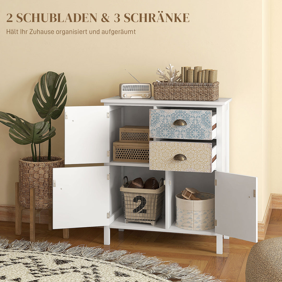 Skænk, shabby chic kommode, 2 skuffer, 3 skabsrum, fyrretræ, 68x34x80cm, hvid