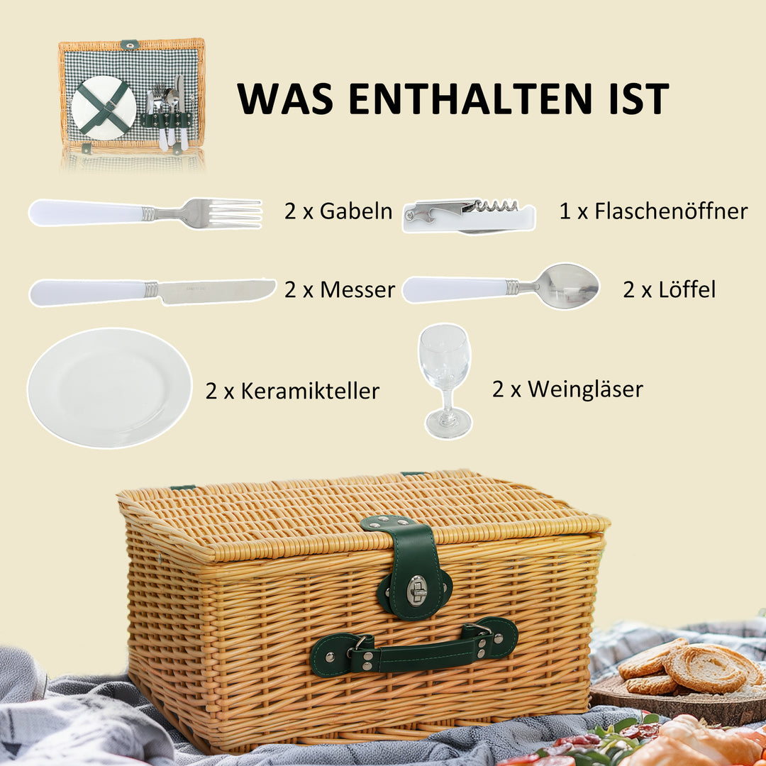Picnickurv lavet af piletræ picnickasse til 2 personer med isoleret kølerum bestiksæt lysebrun