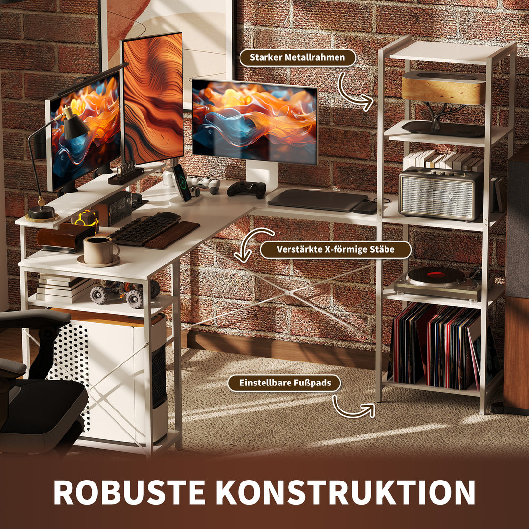 L-formet skrivebord med ladestation, hjørnecomputerbord med skærmstativ og hylder, til hjemmekontor, kontor, hvid