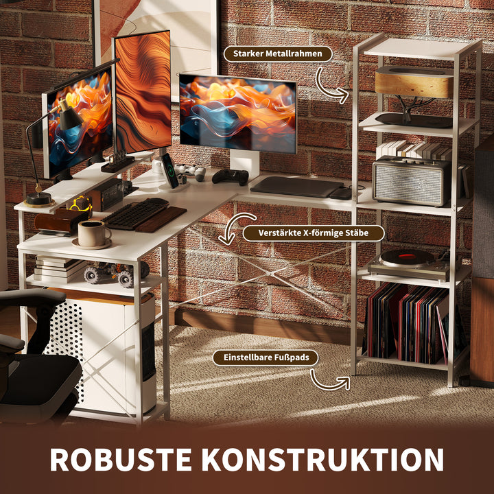 L-formet skrivebord med ladestation, hjørnecomputerbord med skærmstativ og hylder, til hjemmekontor, kontor, hvid