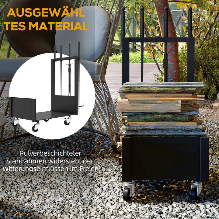 Brændehylde med hjul, meget tilbehør, metalramme, op til 60 kg, 48 x 30 x 76 cm, sort