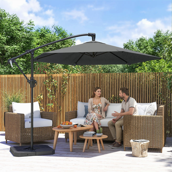 Fritstående parasol ca. Ø300 cm, solskærm med låsemekanisme, håndsving, stativ, vægte, mørkegrå
