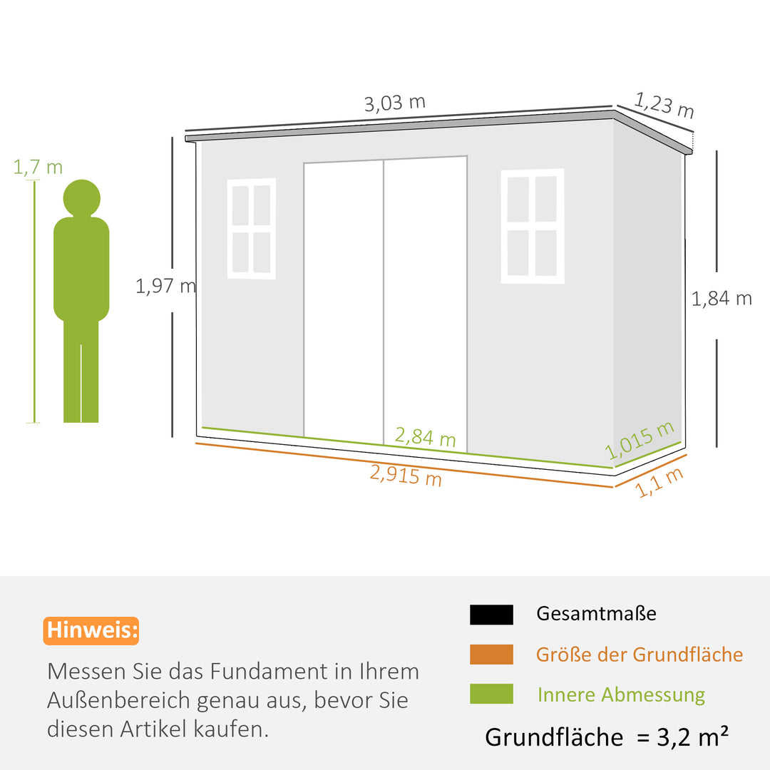 Haveskur 3,2m², redskabsskur med luttag, 303x123x197cm med vindue, aflåselig dør, ventilationsåbning, gulv