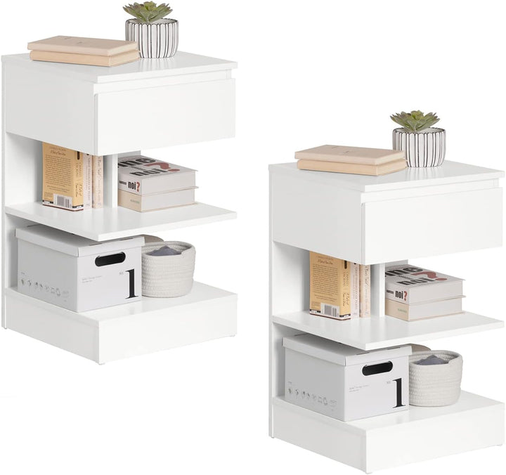Sæt med 2 smalle hvide sengeborde – moderne natskabe med 1 skuffe og 2 hylder, 39 × 39 × 65 cm