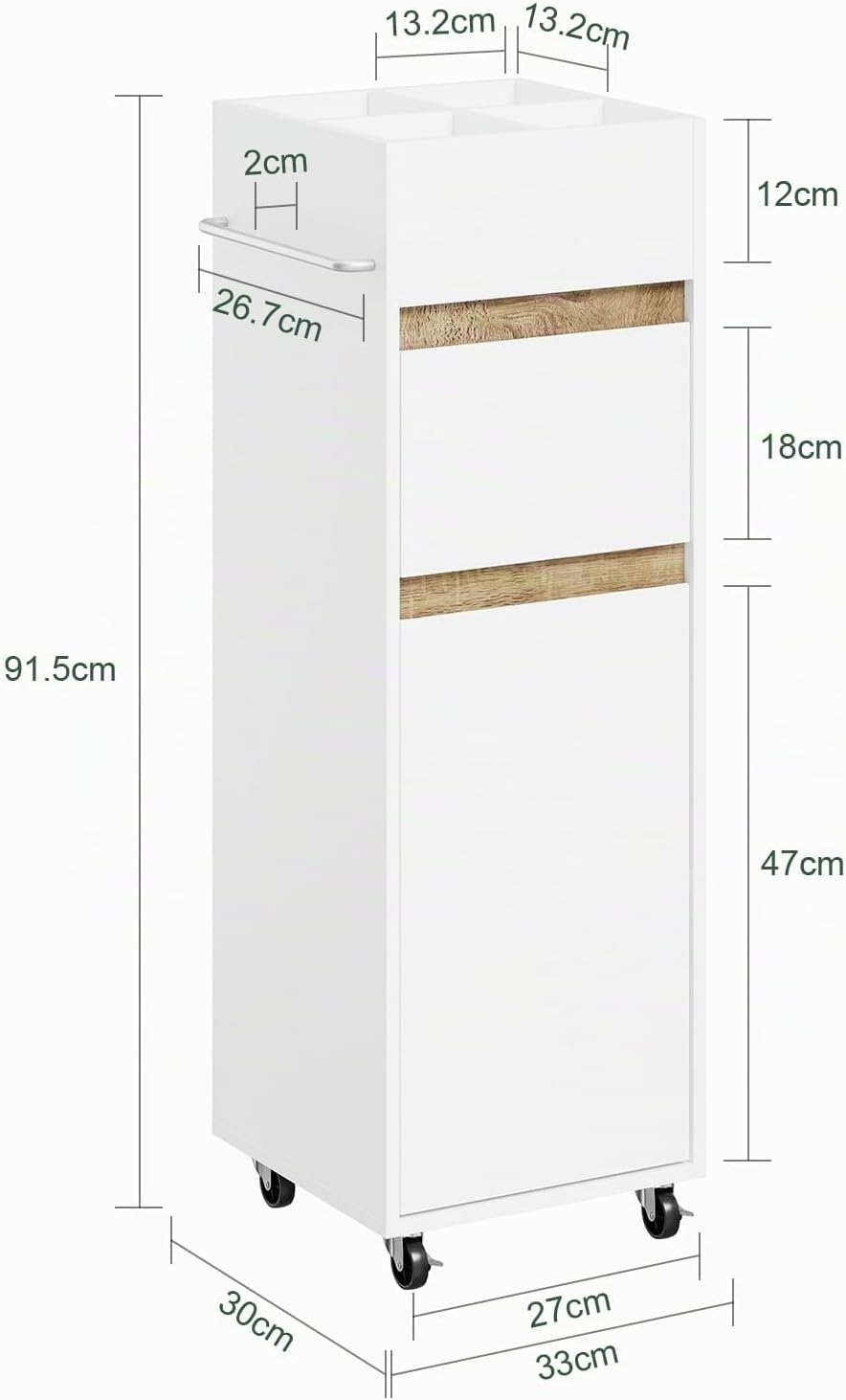 Badeværelsesskab med hjul, 33 × 30 × 91,5 cm