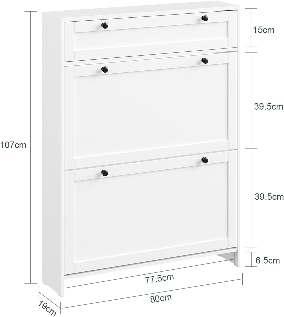 Smalt hvidt skoskab – plads til op til 8 par sko, med skuffer og foldedøre, ideelt gangmøbel til små lejligheder, 80 × 19 × 107 cm