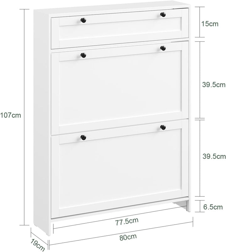 Smalt hvidt skoskab – plads til op til 8 par sko, med skuffer og foldedøre, ideelt gangmøbel til små lejligheder, 80 × 19 × 107 cm