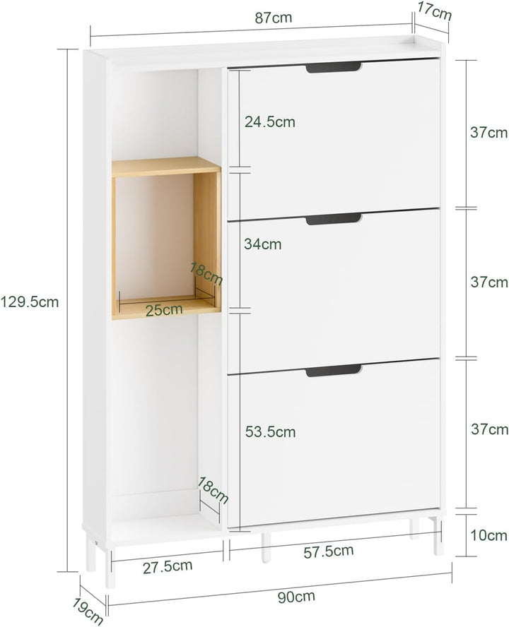 Smalt hvidt skoskab med bambus – kompakt skab med 3 klaplåger og åben træramme, pladsbesparende og ideelt til entré og gang, 90 × 19 × 129,5 cm