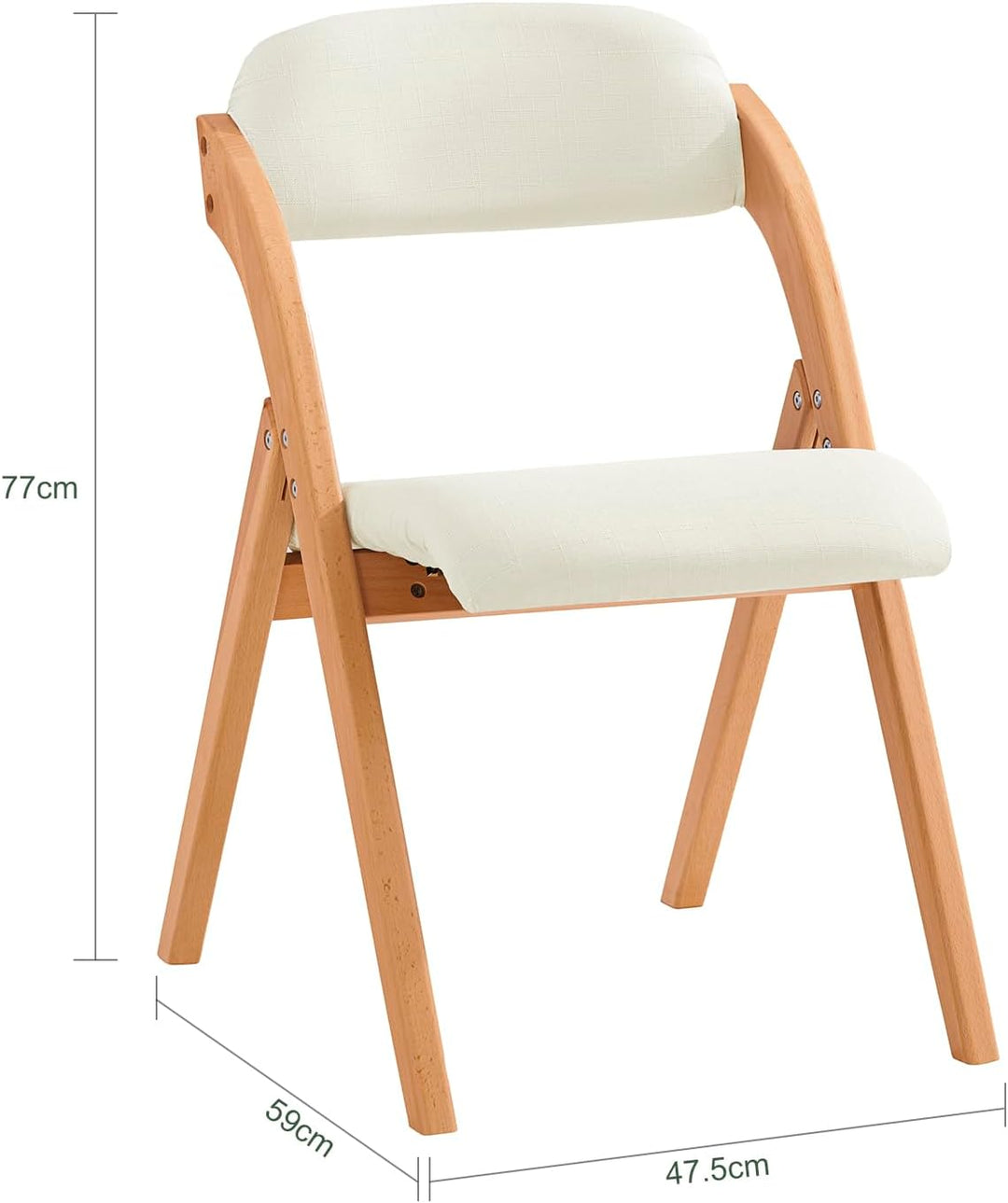 Sæt med 2 sammenklappelige, polstrede træstole i hvid – ergonomiske og pladsbesparende køkken- og spisebordstole, 47,5 × 77 × 59 cm