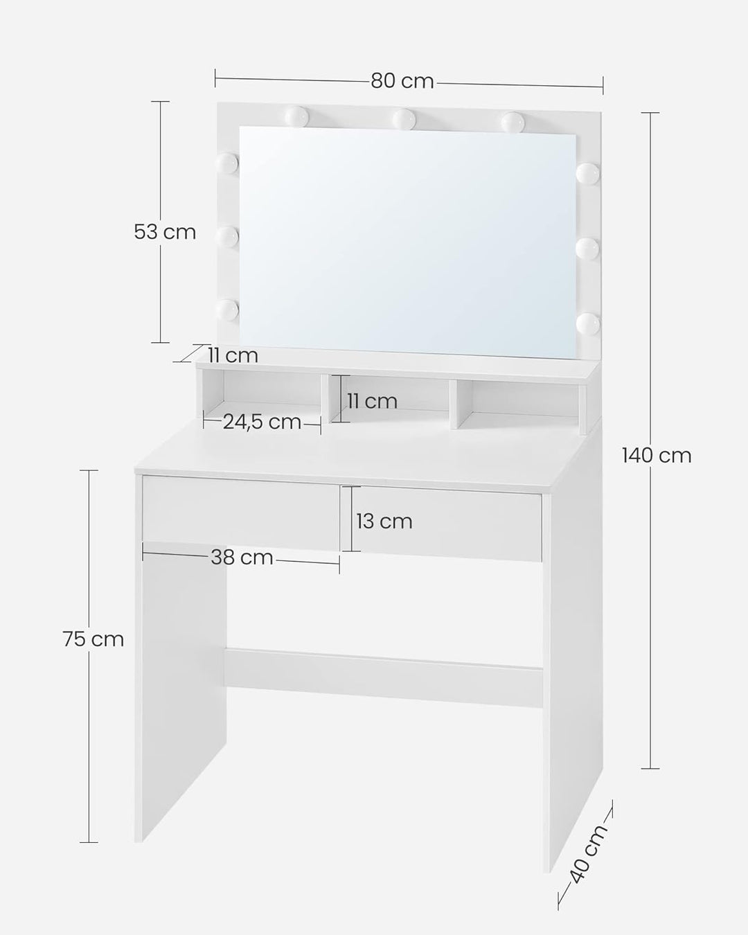 Sminkebord med LED-spejl, 80 x 40 x 140 cm, hvid