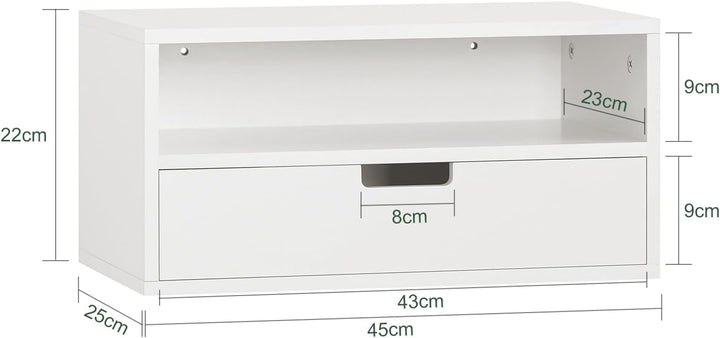 Sæt med 2 vægsengebord - pladsbesparende, skuffe og åbent rum, vægmonteret natbord, B45 x D25 x H22 cm, hvid