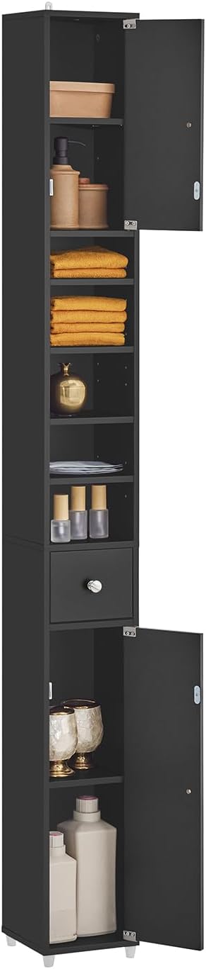 Sort, slankt badeværelsesskab i massivt træ – fritstående med justerbare hylder, 20D x 20B x 180H