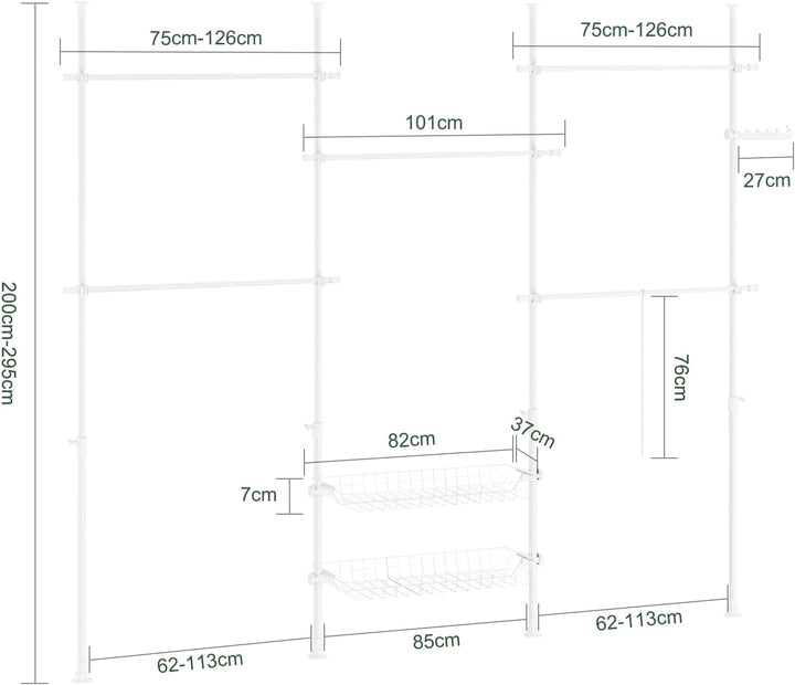 Teleskopisk tøjstativ i hvid – robust, justerbar åben garderobe med hylder
