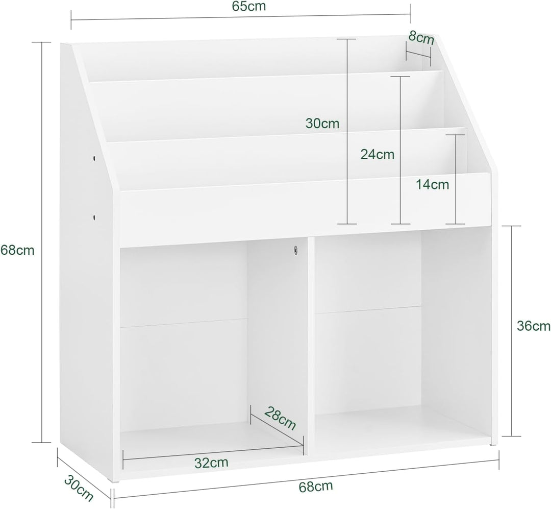 Bogreol Montessori til børn, 3 opbevaringsrum og 2 åbne rum til opbevaring af legetøj, 68 x 68 x 30 cm, hvid