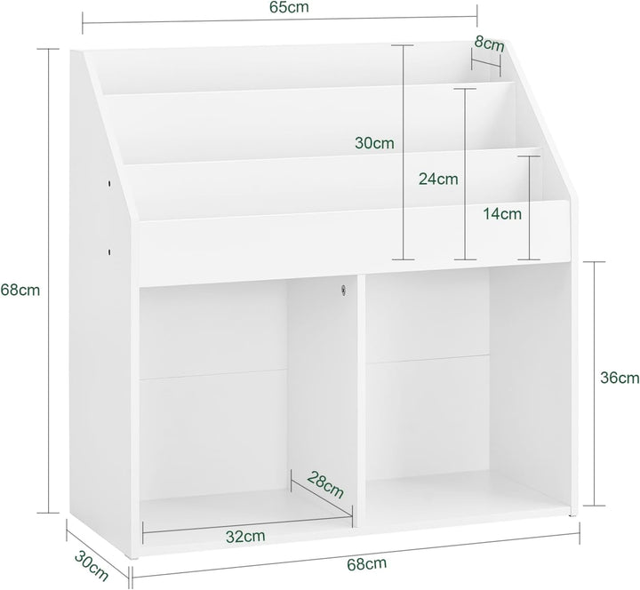 Bogreol Montessori til børn, 3 opbevaringsrum og 2 åbne rum til opbevaring af legetøj, 68 x 68 x 30 cm, hvid