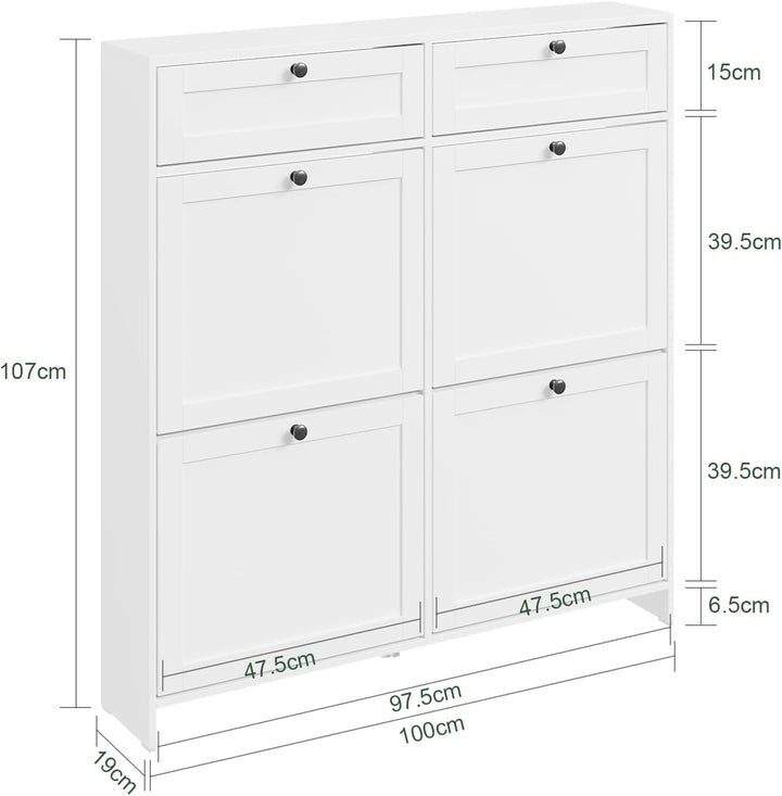 Smalt hvidt skoskab – moderne, pladsbesparende med plads til 12 par, inkl. anti-vippeanordning og silikonefødder, 100 × 19 × 107 cm