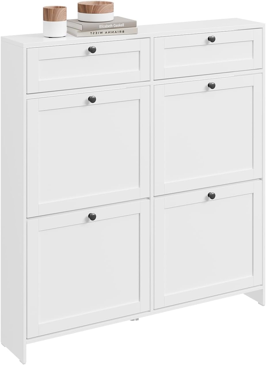 Smalt hvidt skoskab – moderne, pladsbesparende med plads til 12 par, inkl. anti-vippeanordning og silikonefødder, 100 × 19 × 107 cm