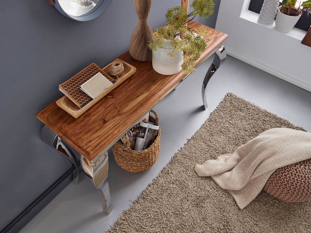 Konsolbord, massivt sheeshamtræ/metal, 130x76,5x42 cm, entrebord, designer stuebord, smalt, skænk/skrivebord, moderne