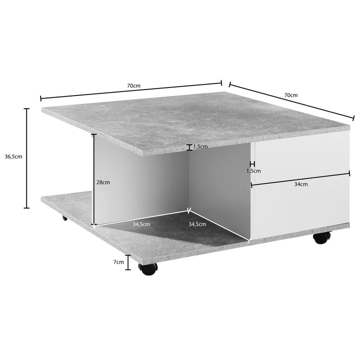 Designer sofabord 70x70 cm cementgrå/hvid, stuebord med 2 skuffer, sofabord med hjul, bord med 2 rum