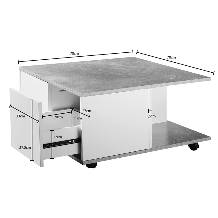 Designer sofabord 70x70 cm cementgrå/hvid, stuebord med 2 skuffer, sofabord med hjul, bord med 2 rum