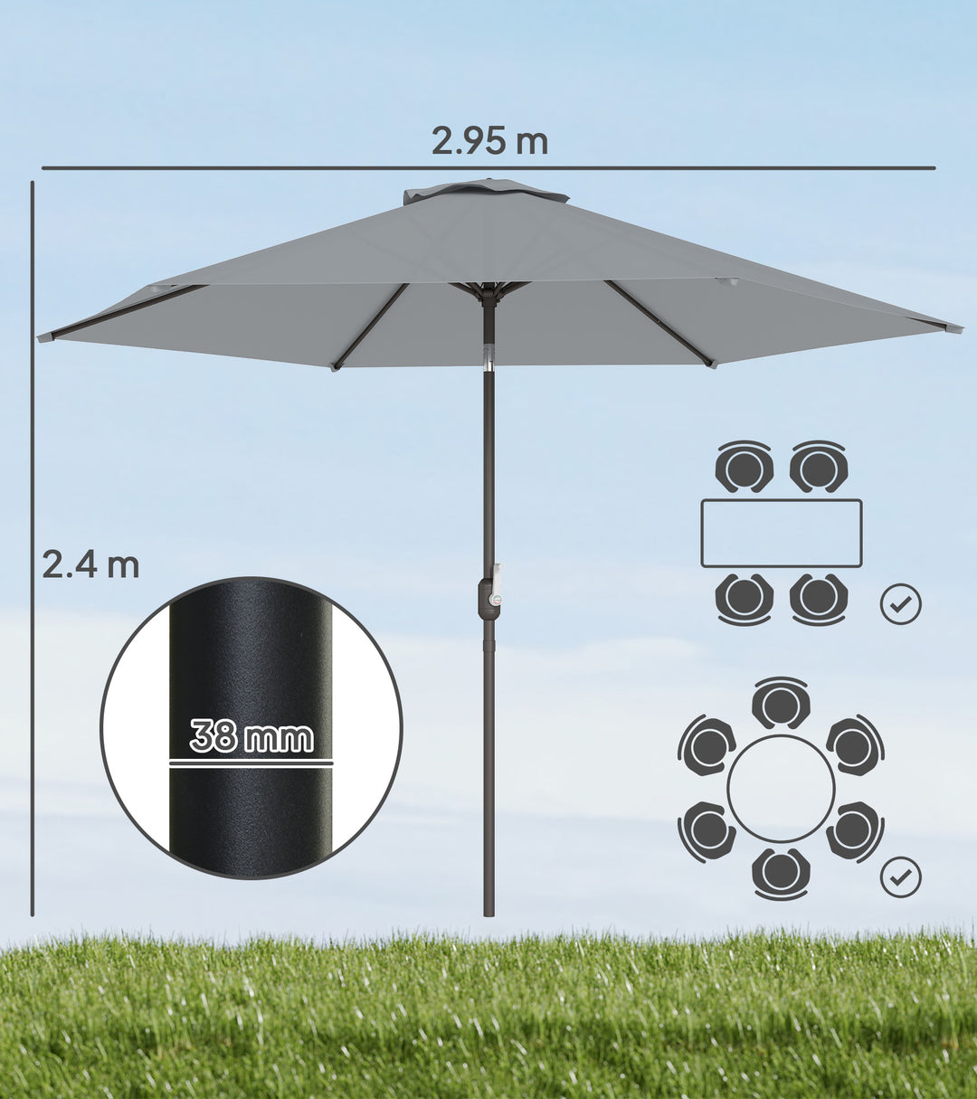 3m parasol med beskyttelsesovertræk, udendørs markedsparasol med vippefunktion og håndsving, vindventil, grå