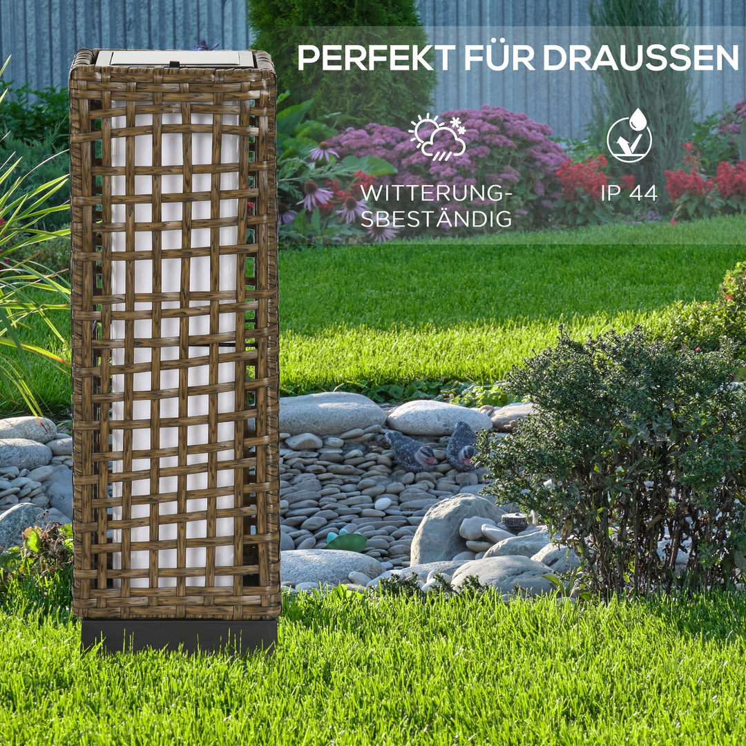 Udendørslampe, havelampe, solcelledrevet, 8 timers lysvarighed, automatisk tænding, rottinglook, 15,5 x 15,5 x 46 cm